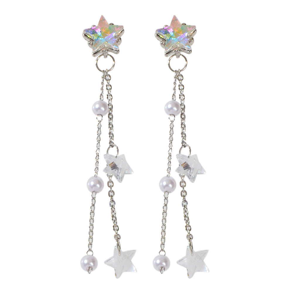 Women Trendy Silver Chain Resin Transparent Beads Star Dangle Pendant Earrings