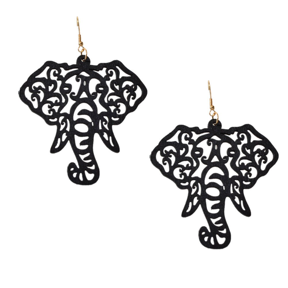 American Jewellery Indian Black Hollow Wood Elephant Big Ethnic Dangle Earrings