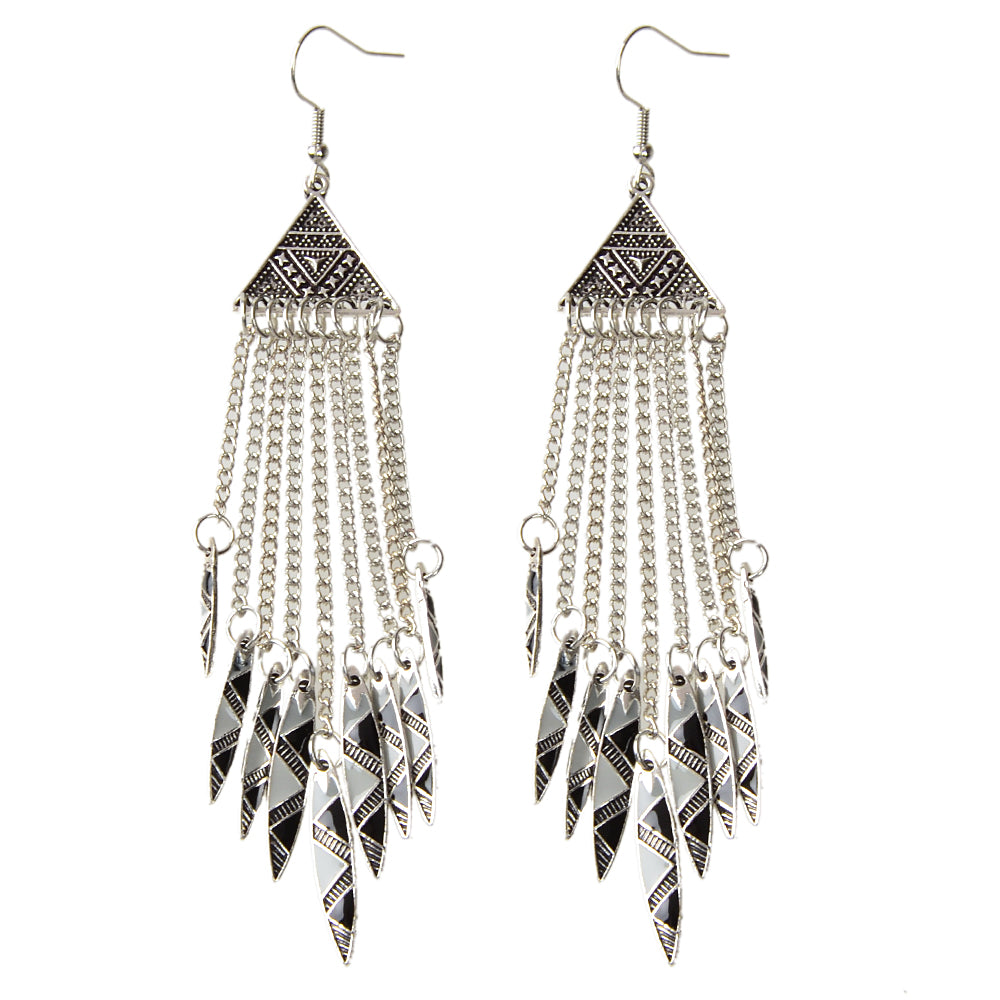 Tribal Ethnic Antique Silver Chain Tassel Geometric Charm Bohemian Earrings Gift