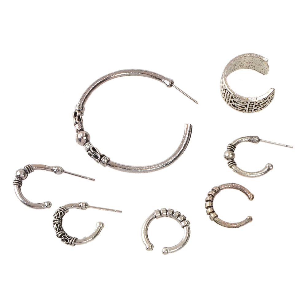 7 pcs Boho Chic Antique Silver Hoop Earrings Set Oxidized Intricate Ear Cuffs