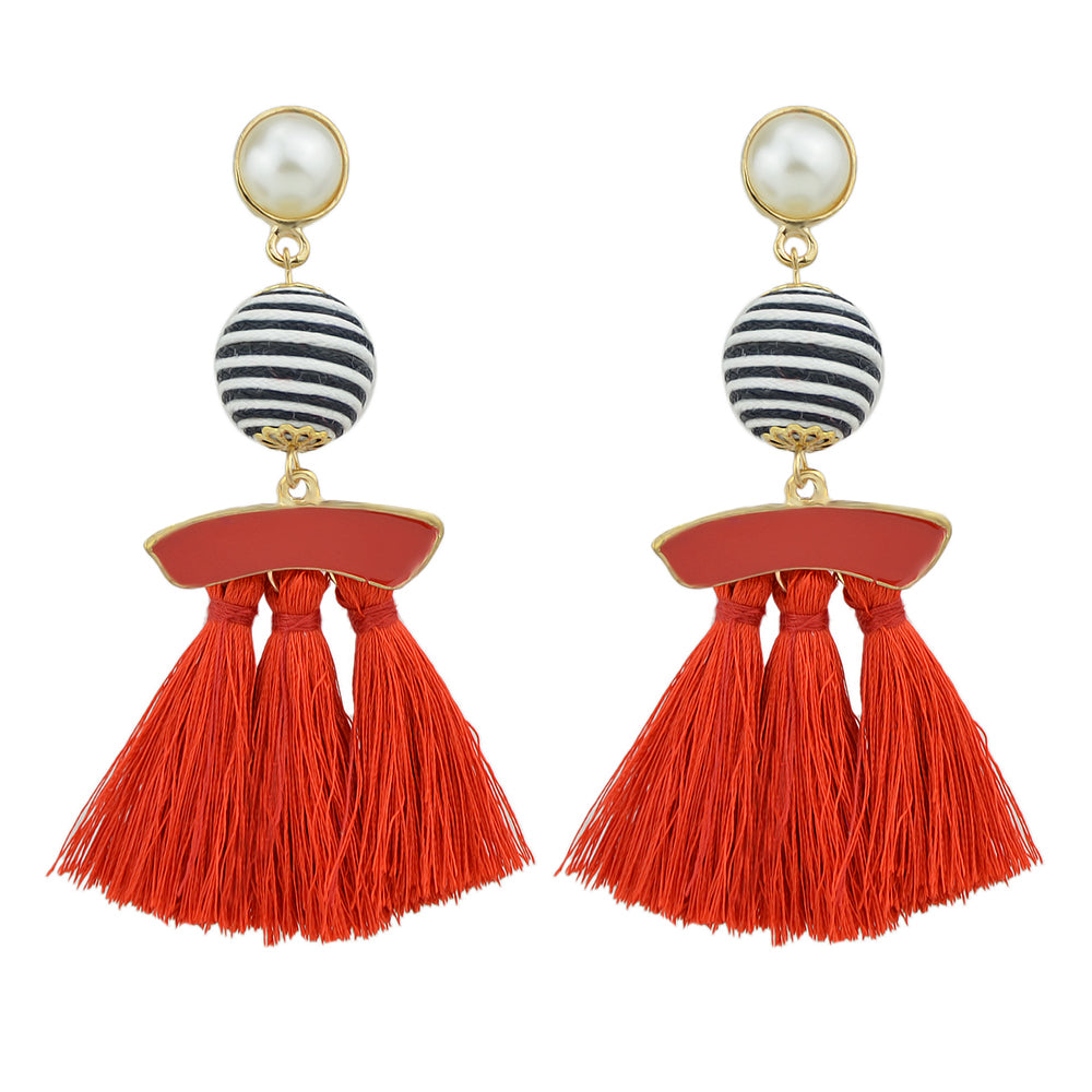 Bohemian Jewellery Ball Black Beige Tassel Dangle Traditional Ethnic Earrings