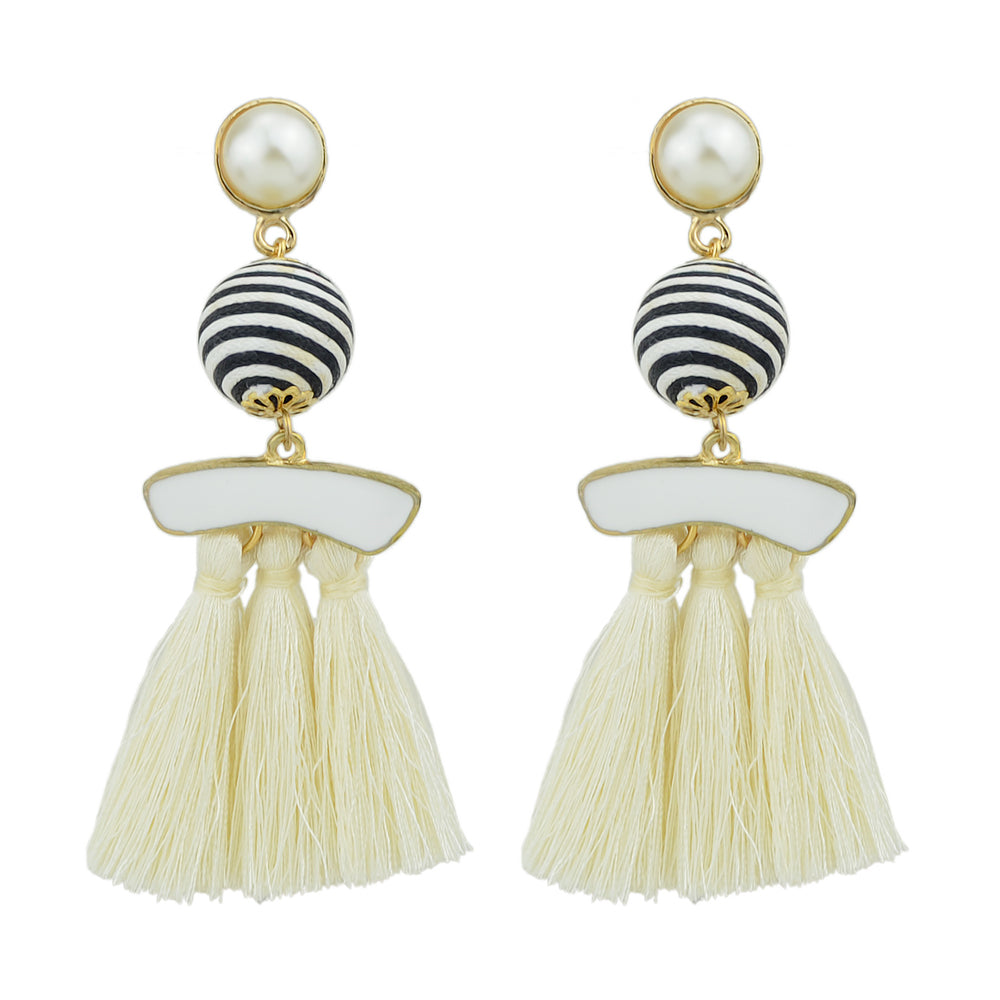 Bohemian Jewellery Ball Black Beige Tassel Dangle Traditional Ethnic Earrings