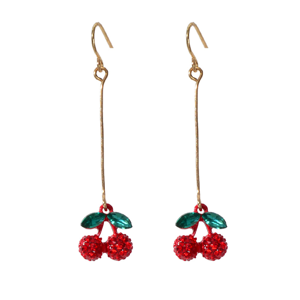 Gift Jewellery Cute Funny Green Crystal Red Cherry Long Dangle Pendant Earrings