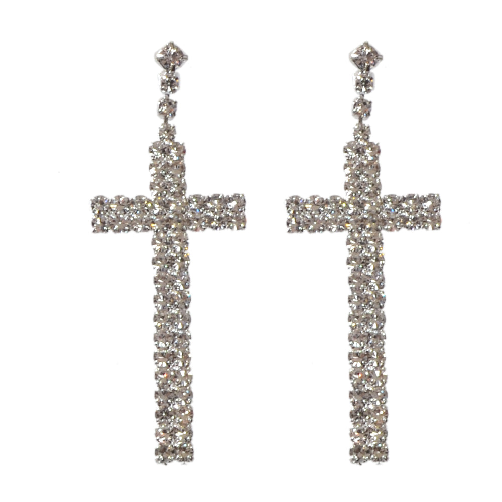 Female Jewellery Punk Shining Full Rhinestone Silver Cross Statement Earrings