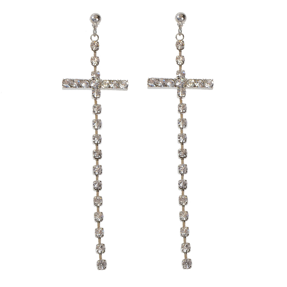 New Style Shining Full Rhinestone Long Silver Chain Cross Dangle Earrings Women