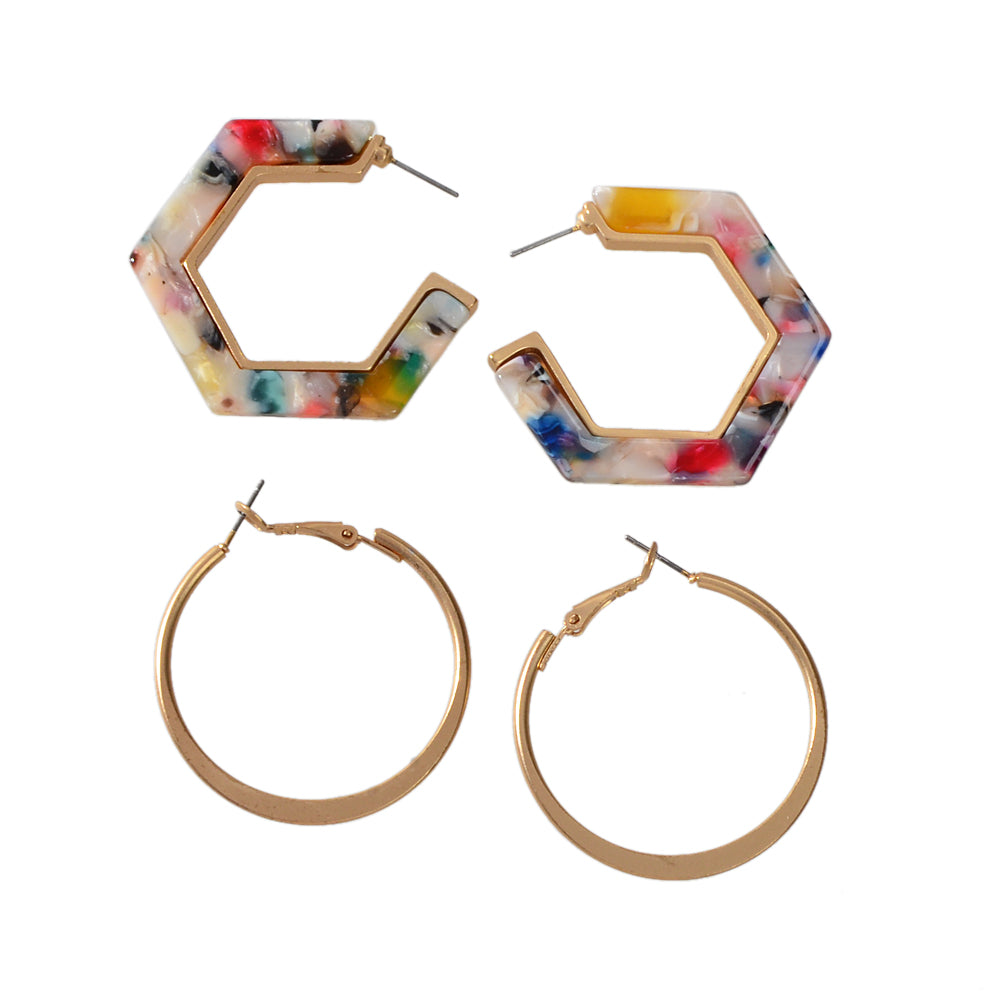 Boho Chic 2 pairs Multicolor Acrylic Square Circle Party Hoop Earrings set Gift