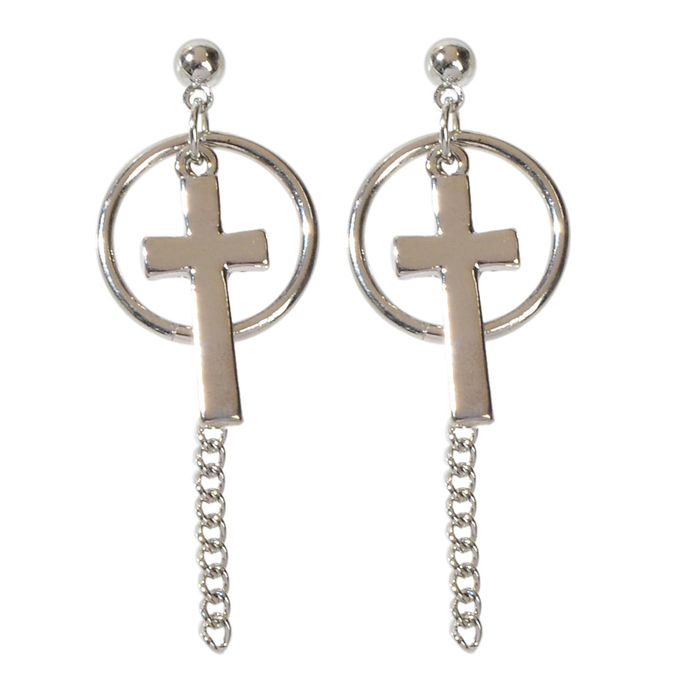 Hip Hop Punk Goth Style Silver Circle Chain Cross Dangle Earrings Female Jewelry