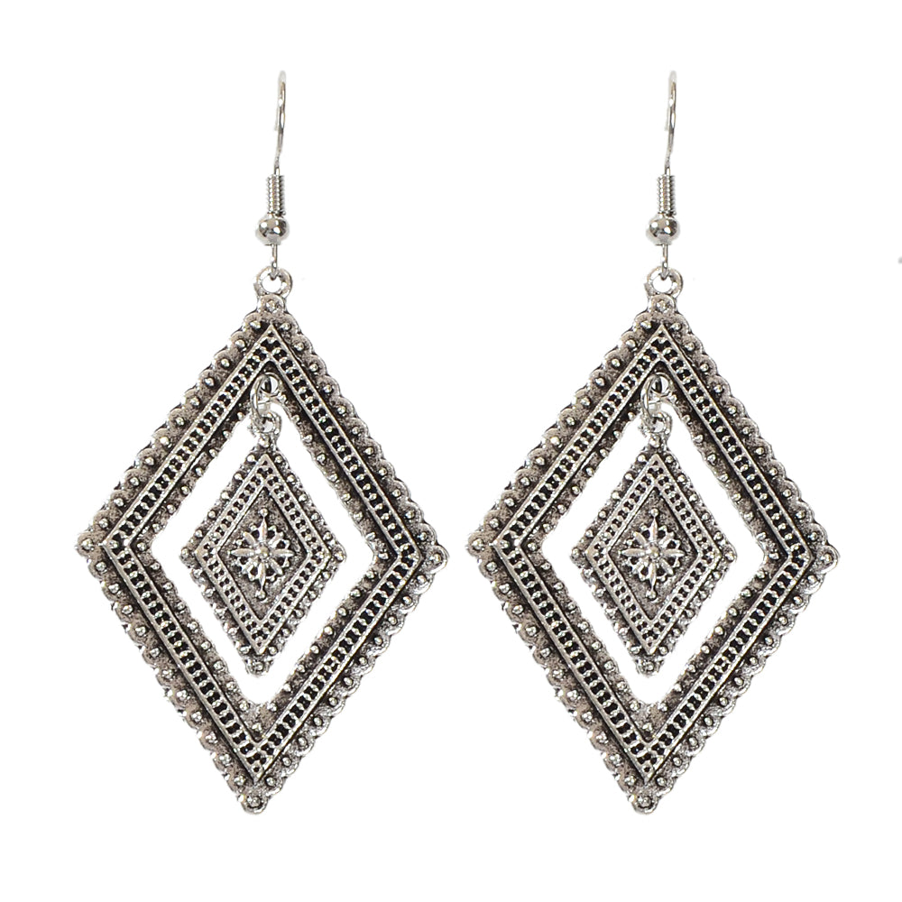 Tribal Ethnic Vintage Women Antique Silver Rhombus Geometric Dangle Earrings