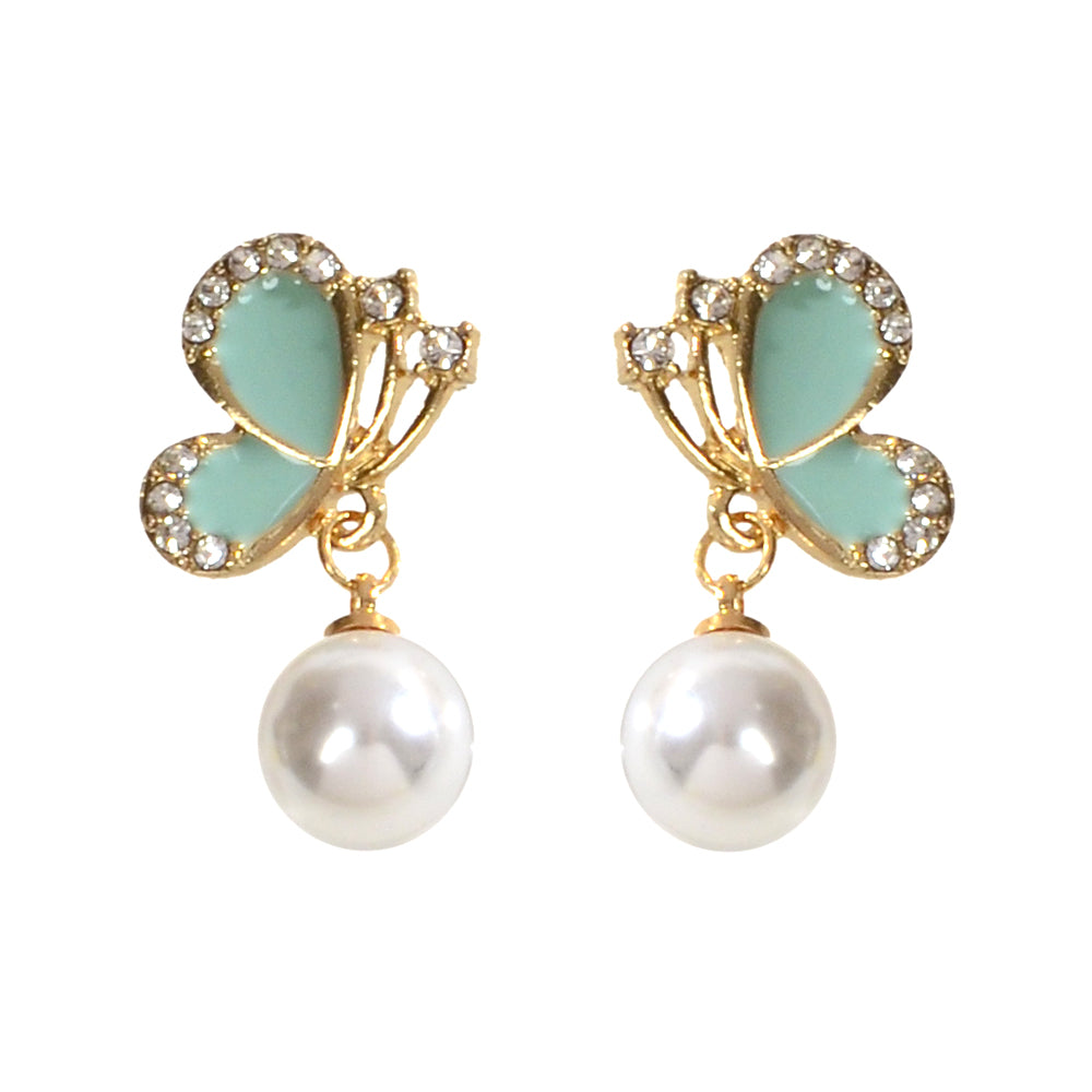 Colorful Enamel Rhinestone Pearl Decor Butterfly Drop Earrings Dainty Women Gift