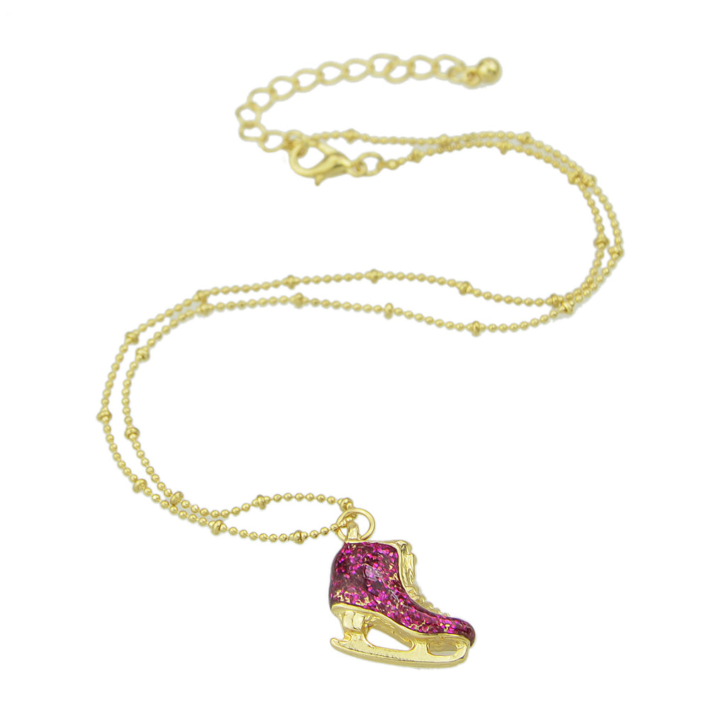 Funny Gift for Women Gold Popcorn Chain Hotpink Ice Skate Shoes Pendant Necklace