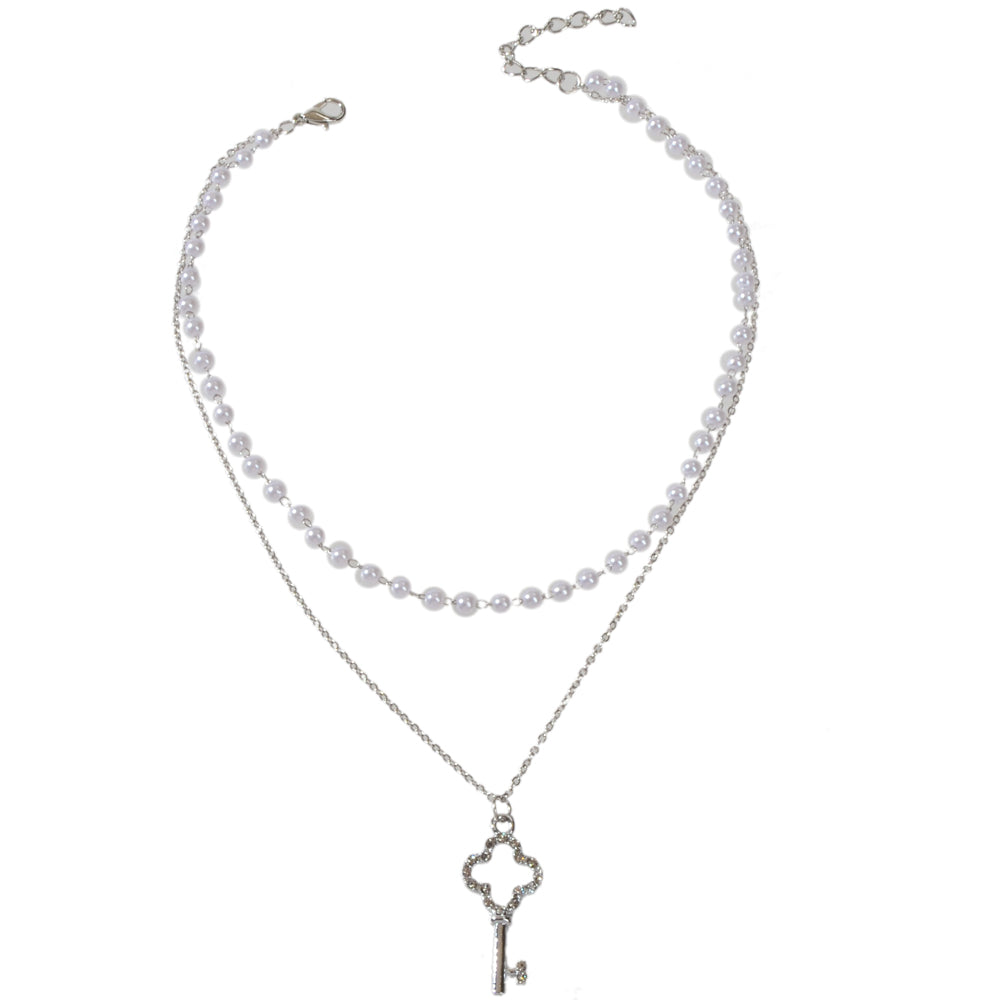 Perfect Wedding Engagement Gift Pearl Double Layer Chain Key Pendant Necklace