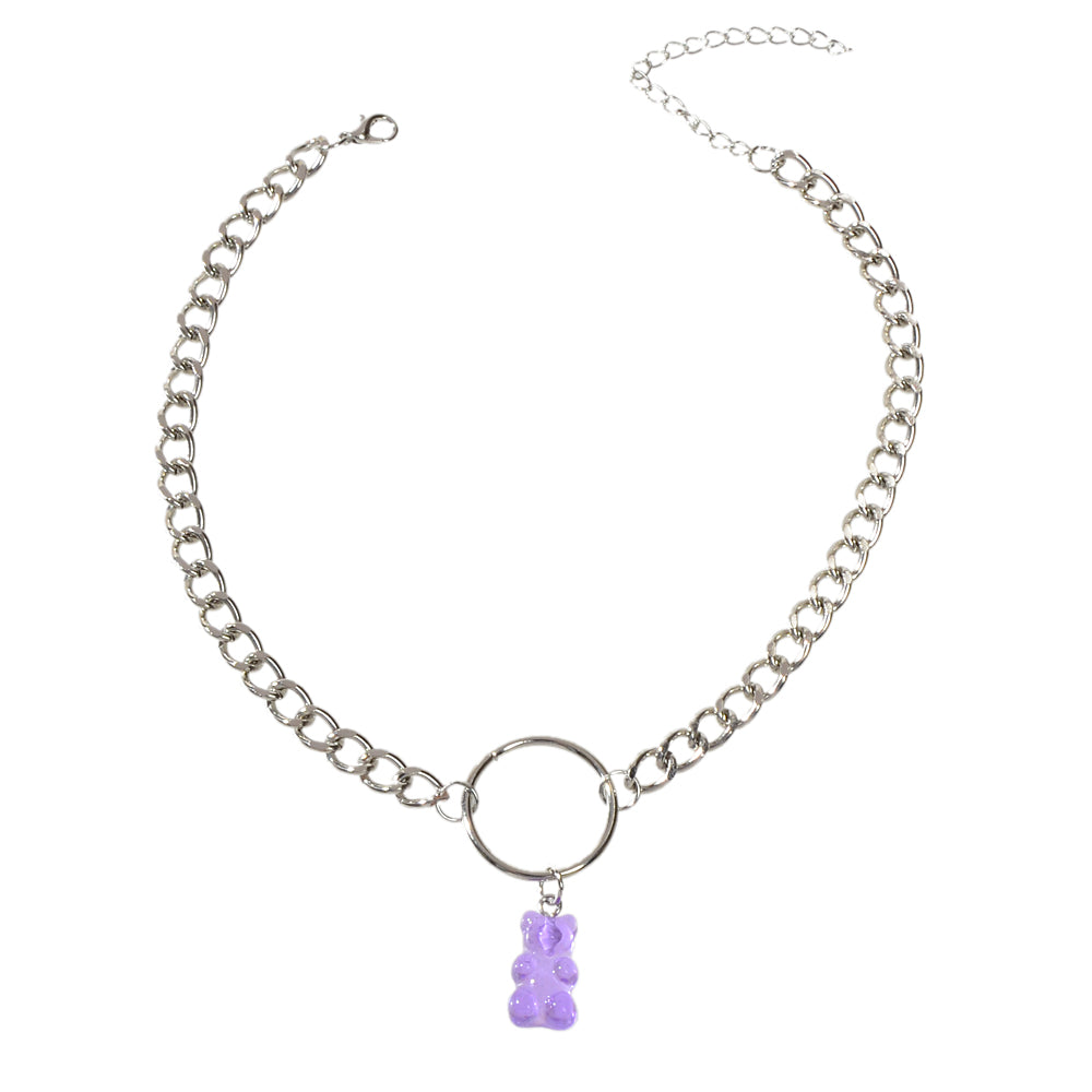 Lovely Jewellery Silver Chain Circle Purple Bear Pendant Necklace Accessories
