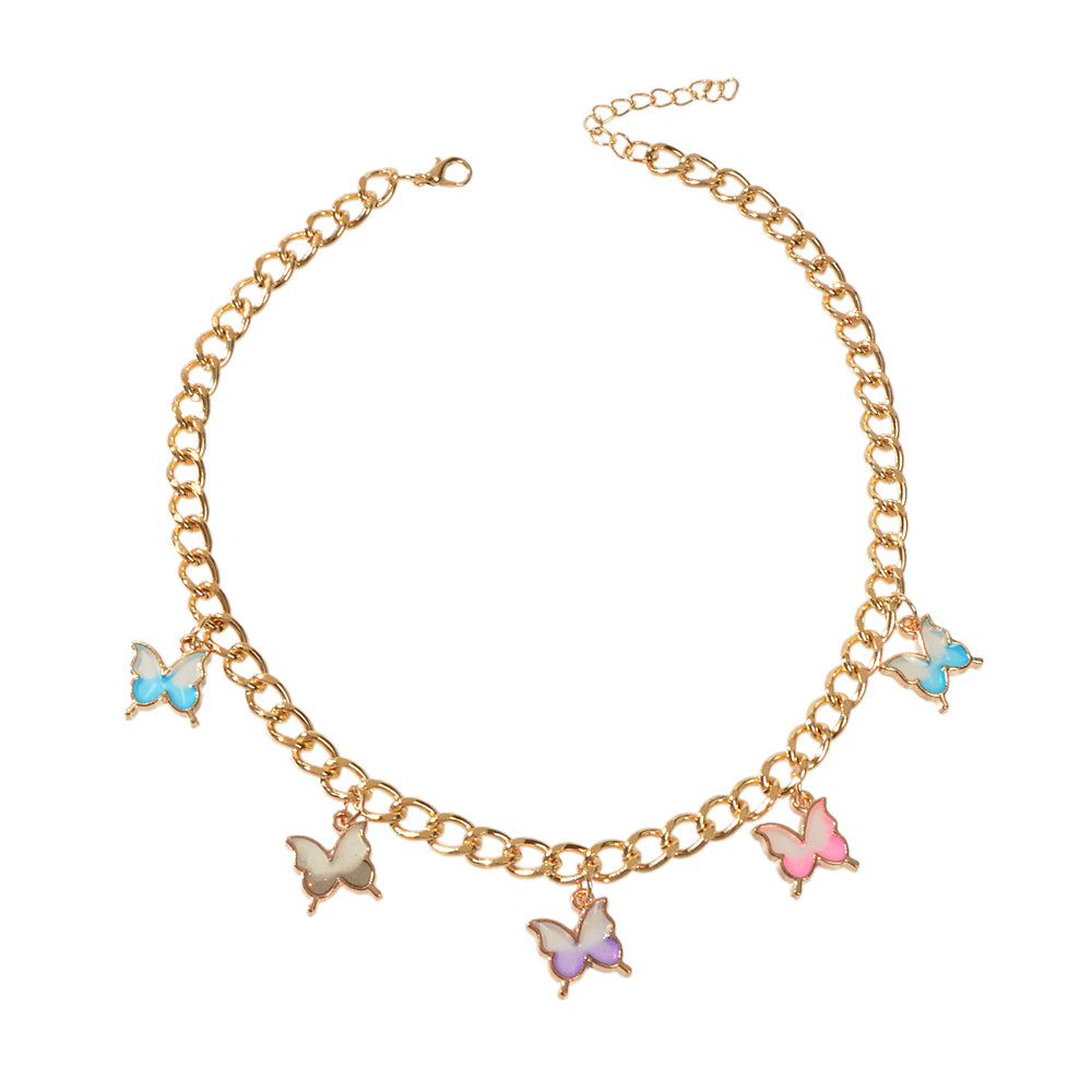 Hip Hop Colorful Enamel Bling Butterfly Charm Necklace Clavicle Chain Choker