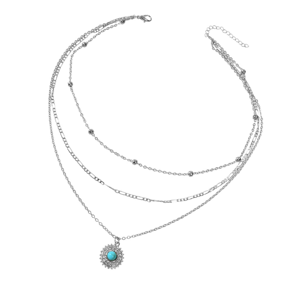 Multi-layer Chain Round Turquoise Pendant Necklace Blue Bead Party Jewellery