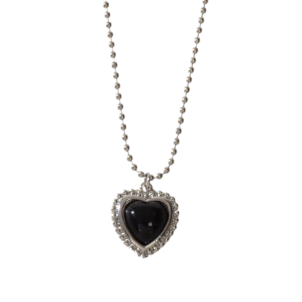 Silver Ball Chain Black Love Heart Pendant Necklace Textured Collar Jewellery