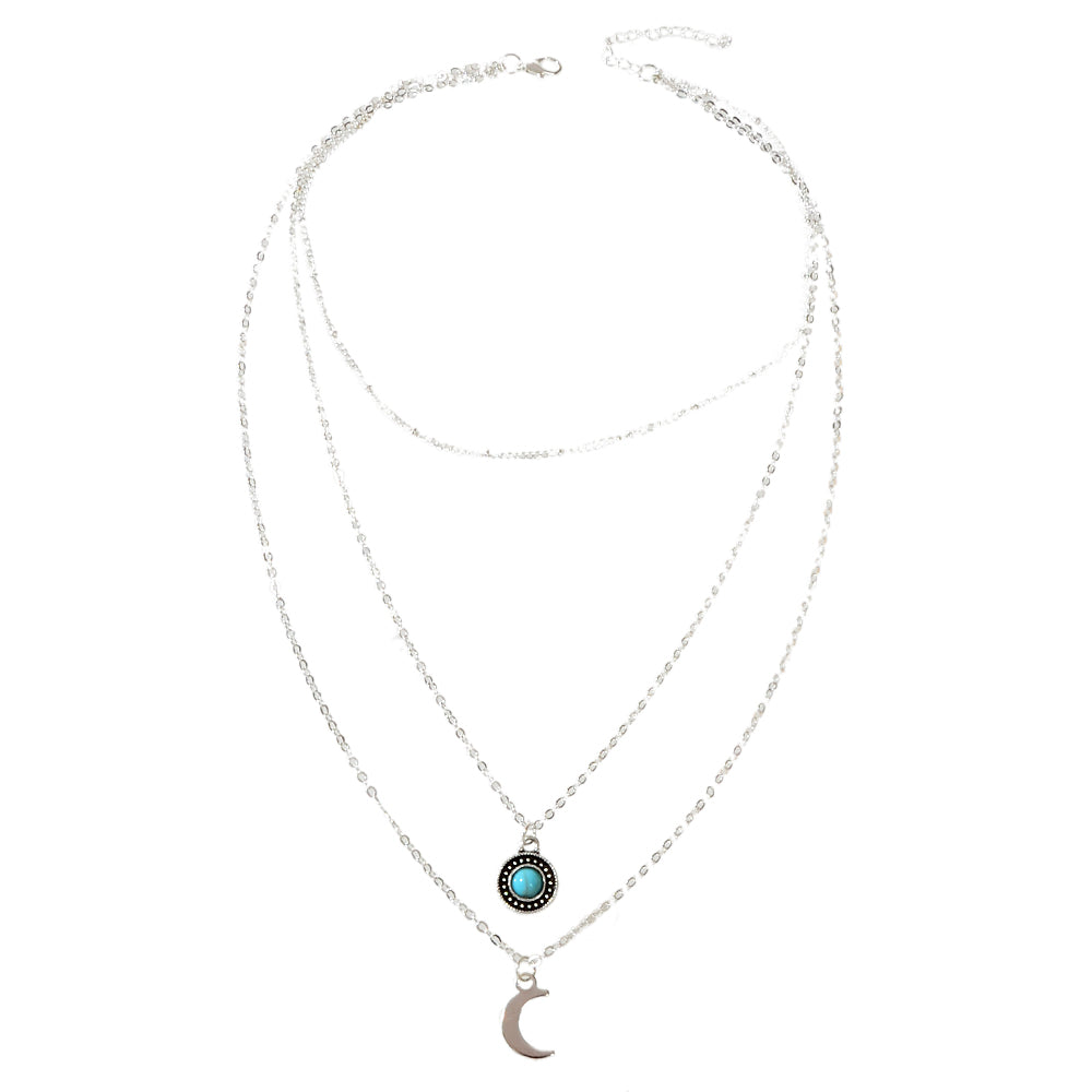 Gold Silver Multi-layer Chain Round Turquoise Moon Pendant Necklace Party Collar
