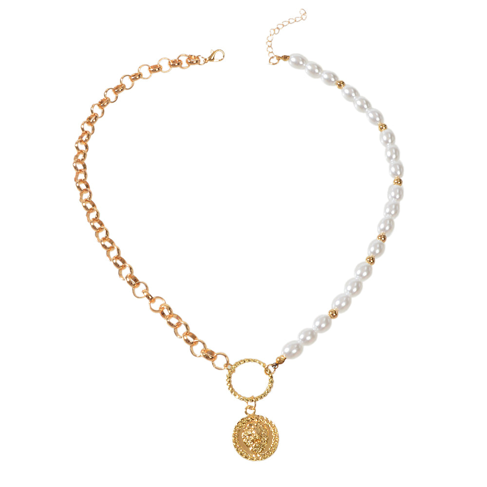 Gold Chain with Pearl Lion Head Round Pendant Necklace Chunky Gothic Jewellery