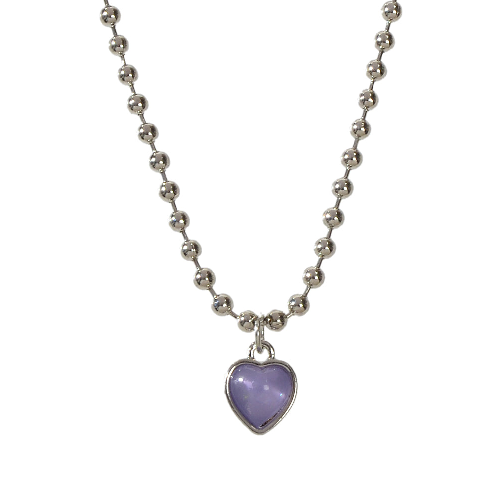 Party Decoration Popcorn Beads Silver Chain Purple Love Heart Charm Necklace