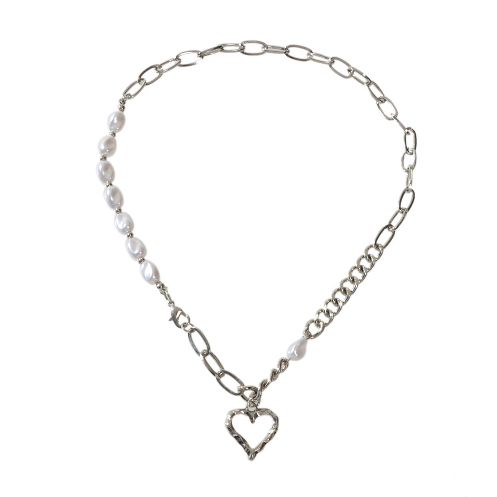 Party Decoration Retro Punk Silver Chain Pearl Heart Pendant Women Necklace Gift
