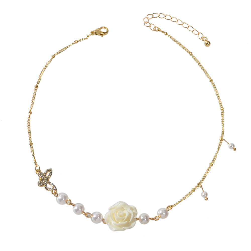 Luxurious Gold Chain Rhinestone Pearl Butterfly White Flower Collar Necklace