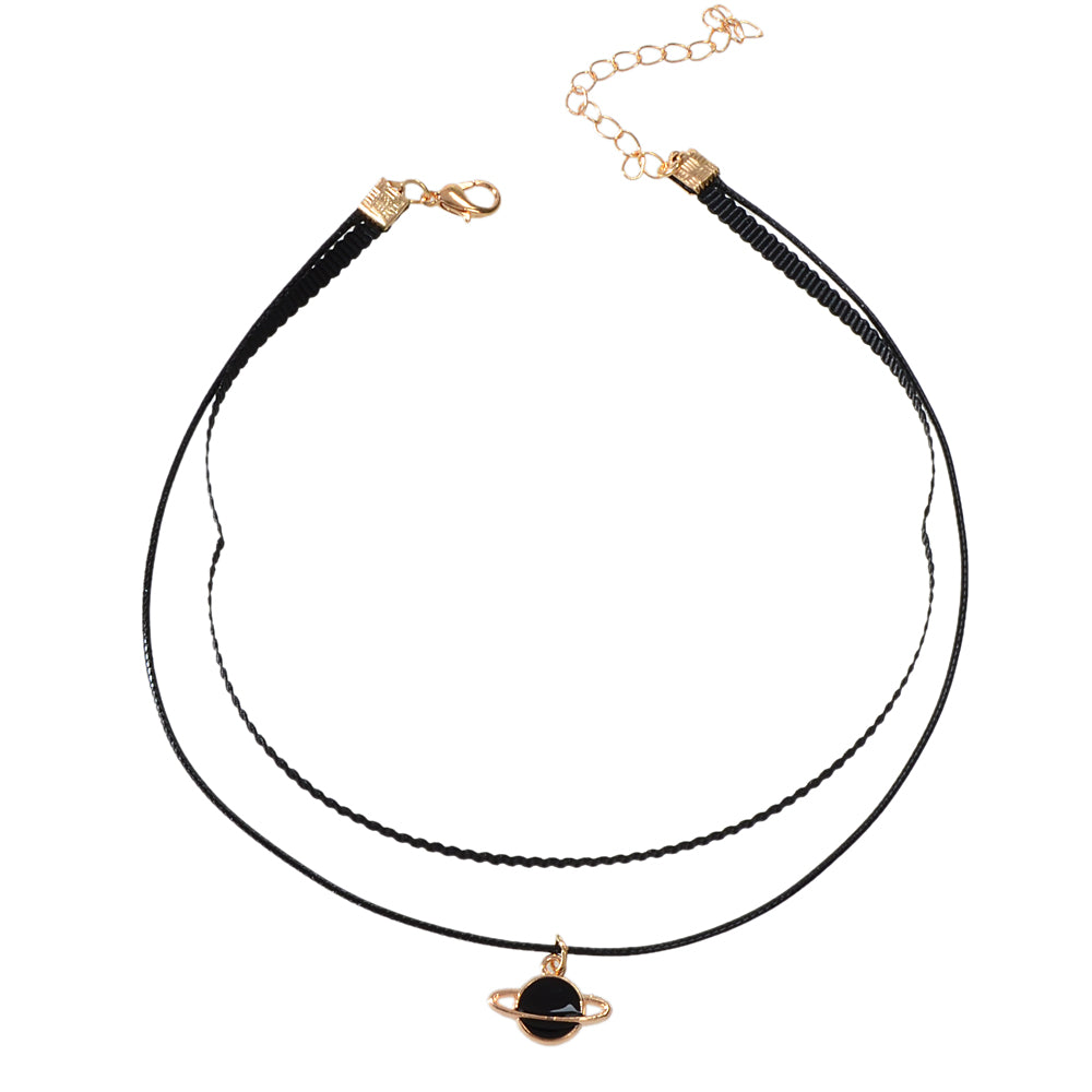 90s Gothic Planet Charm Black Rope Layered Necklace Tattoo Choker Grunge Collar