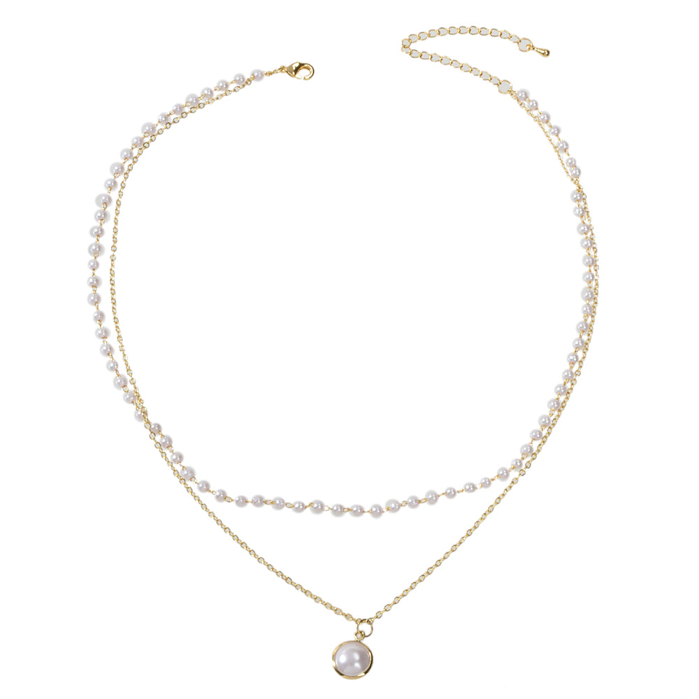 Retro Gold Double layer Chain Pearl Pendant Necklace Anniversary Wedding Gift