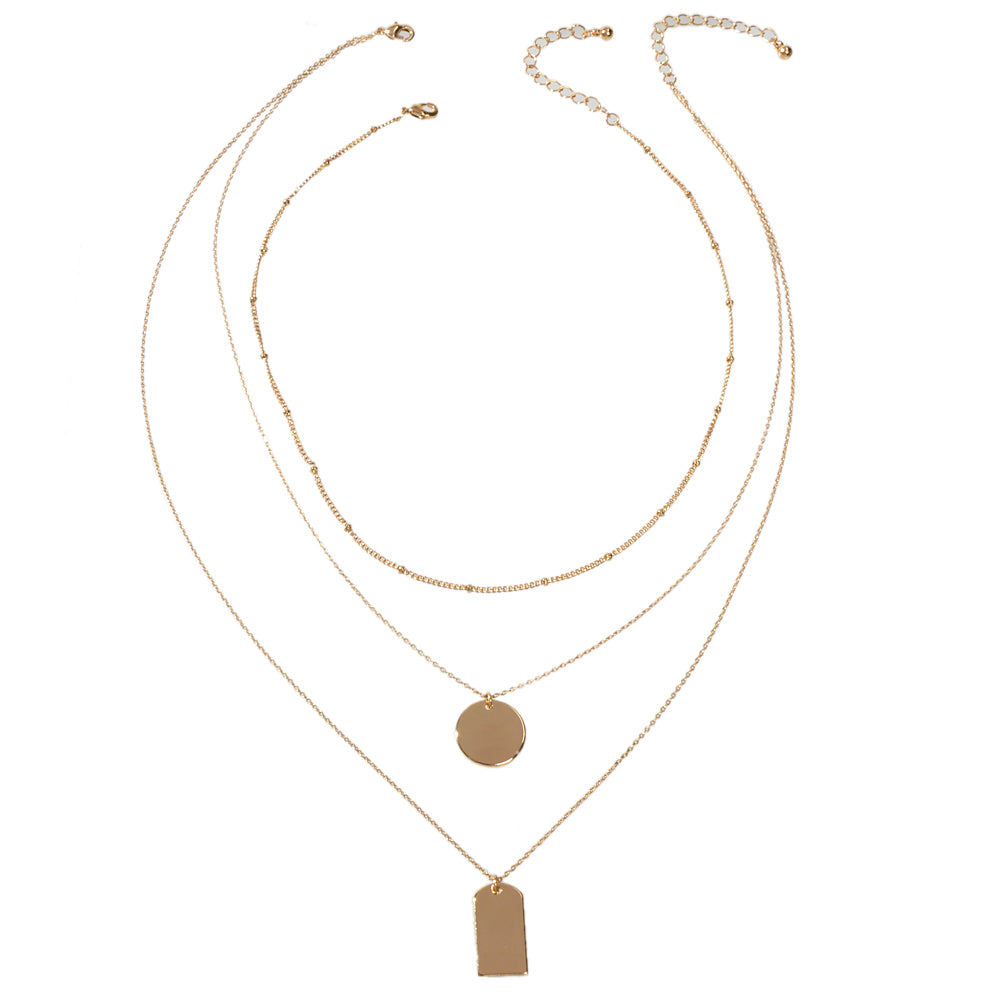 3pcs Multi-layer Gold Tone Chain Round Square Pendant Necklace Girls Teens Gift