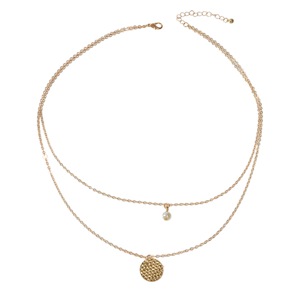 Female Layered Gold Chain Pearl Round Disc Pendant Necklace Party Accessories