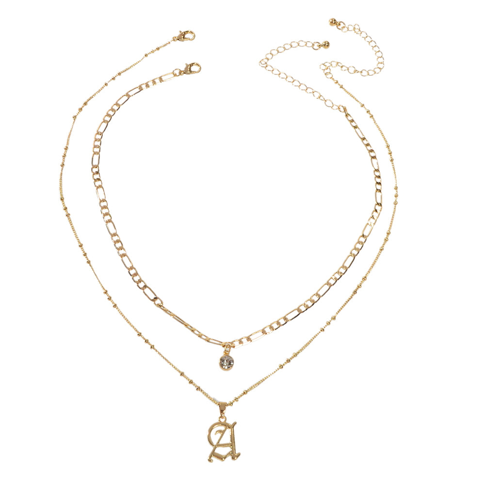 2 pcs Gold Chain Rhinestone Letter A Pendant Double Layer Necklace Women Jewelry