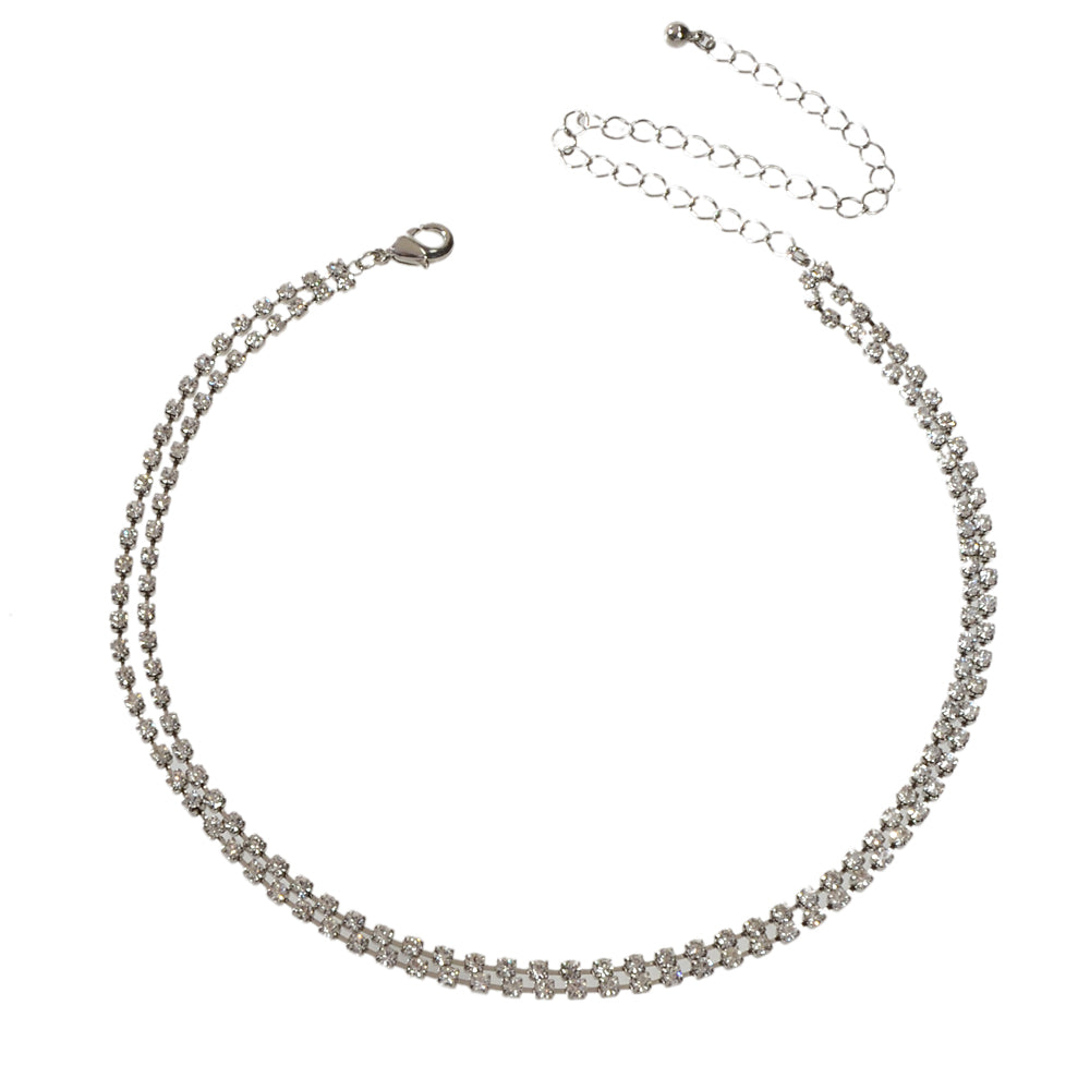 Shining Luxury Silver Full Rhinestone Double layer Chain Short Choker Necklace