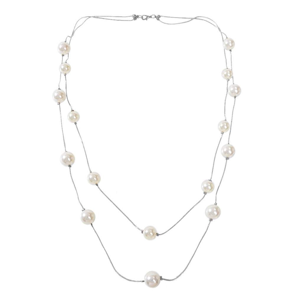 Double Layer Pearl Decor Gold Silver Chain Long Necklace Fashion Accessories