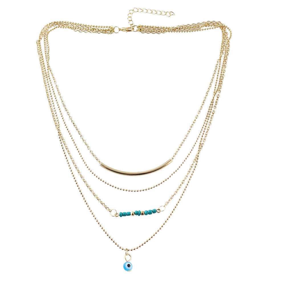 Boho Chic Blue Beads Jewelry Multilayer Gold Chain Round Pendant Ethnic Necklace