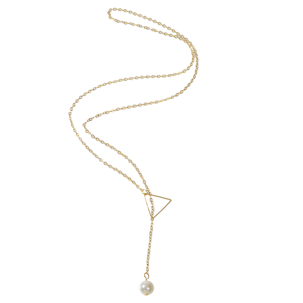 Minimalist Jewellery Pearl Long Gold Chain Triangle Y Lariat Pendant Necklace