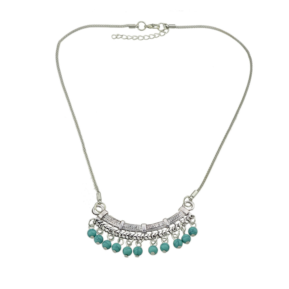 Tribal Ethnic Antique Silver Chain Turquoise Bead Bib Necklace Boho Blue Jewelry