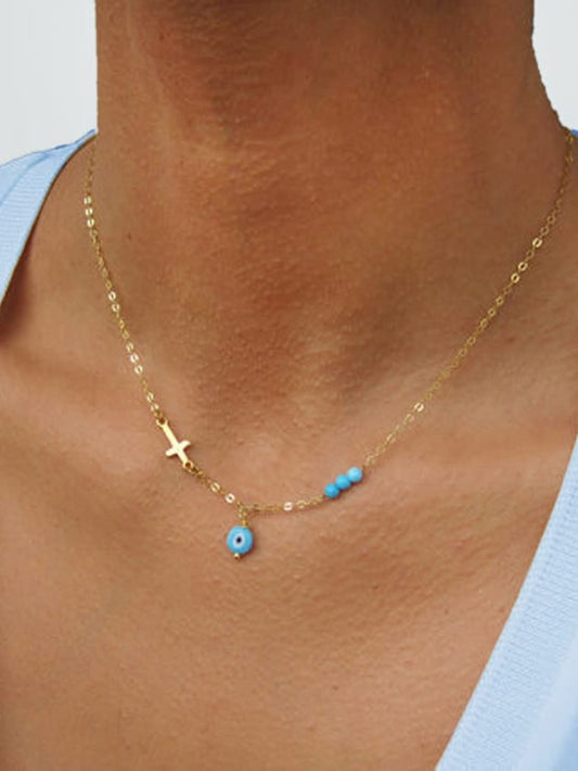 Boho Chic Chain Blue Beads Cross Round Eye Charm Necklace Girls Ethnic Jewellery