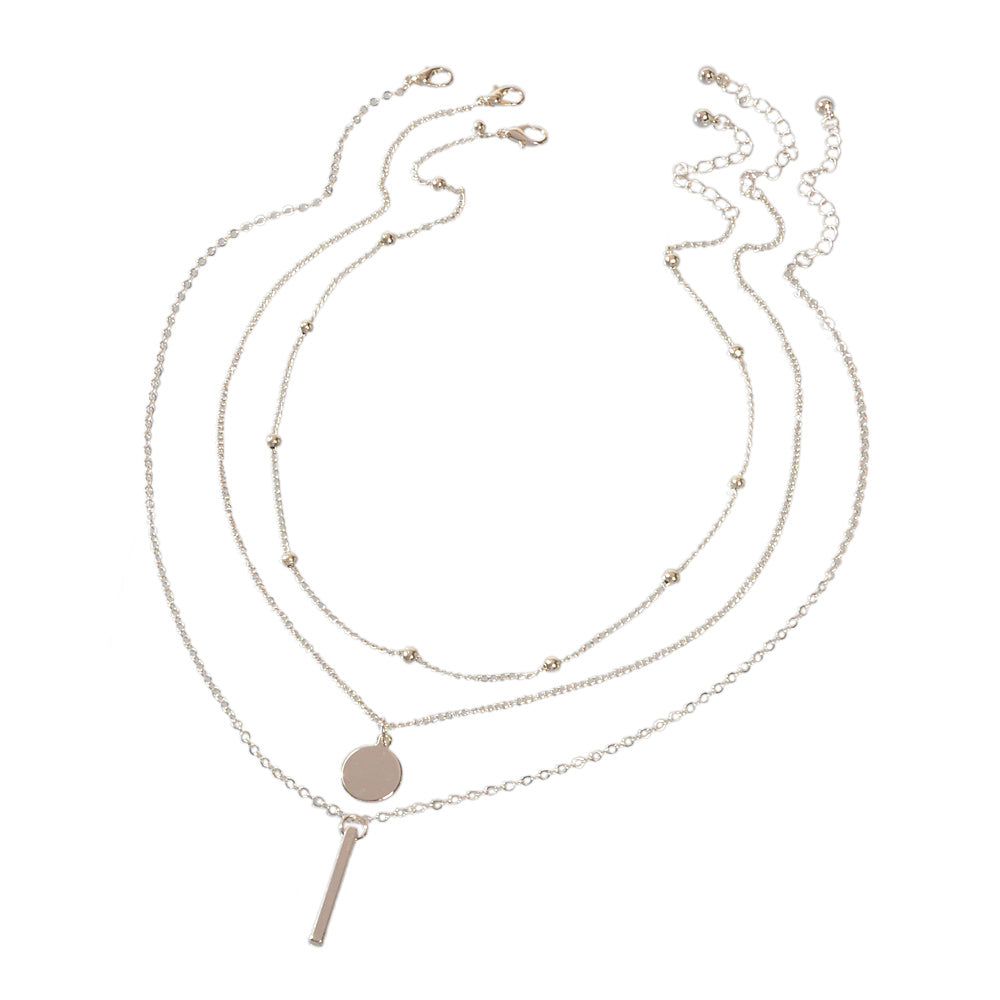 Boho Multi-Layer 3pcs Bar Disc Charm Metal Round Beads Chain Choker Necklace