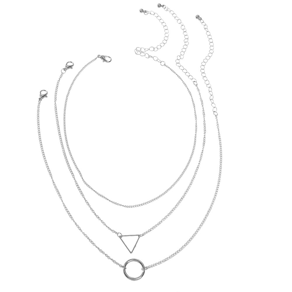 3 pcs Muti-layered Gold Silver Chain Circle Triangle Pendant Necklace Teens Gift