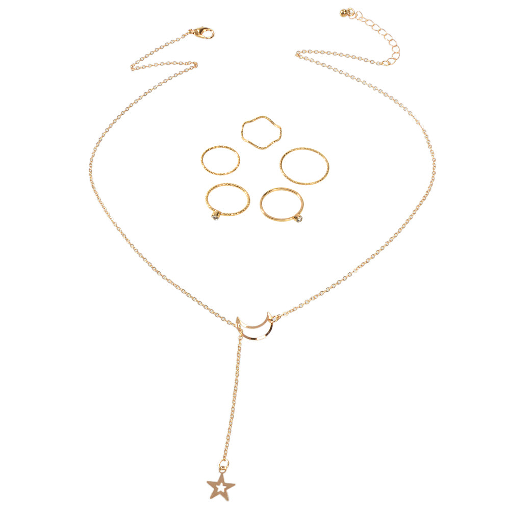 Jewellery set Star Charm Y-lariat Necklace and 5 pcs Midi Knuckle Stack Rings