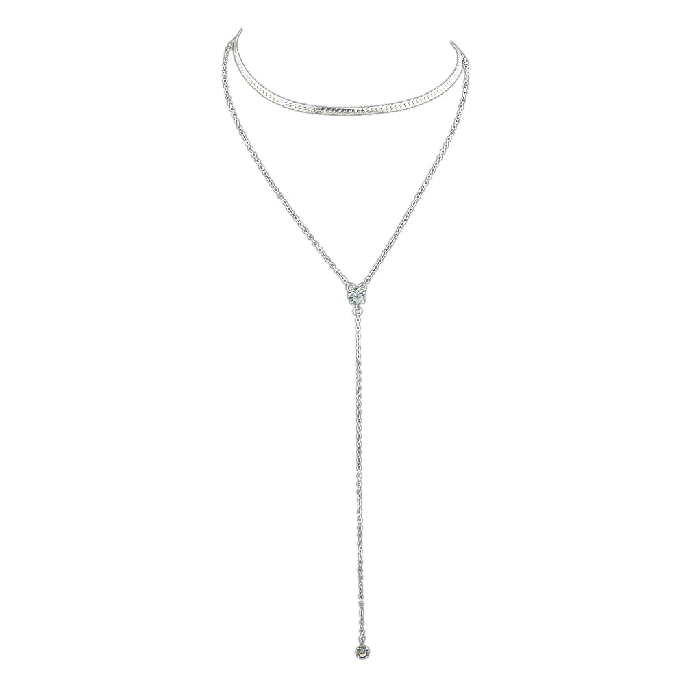 Double layer Rhinestone Decor Gold Silver Long Chain Necklace Y Shape Necklace
