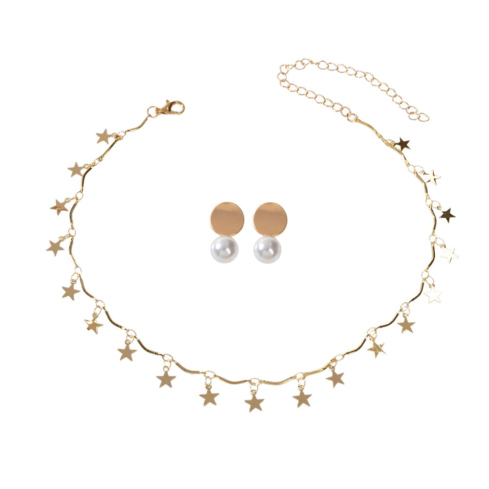 Perfect Wedding Engagement Jewellery set Star Charm Necklace Pearl Stud Earrings