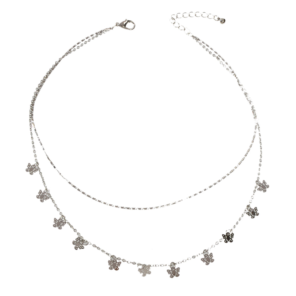 Minimalist Silver Double layer Chain Butterfly Collar Necklace Female Jewellery