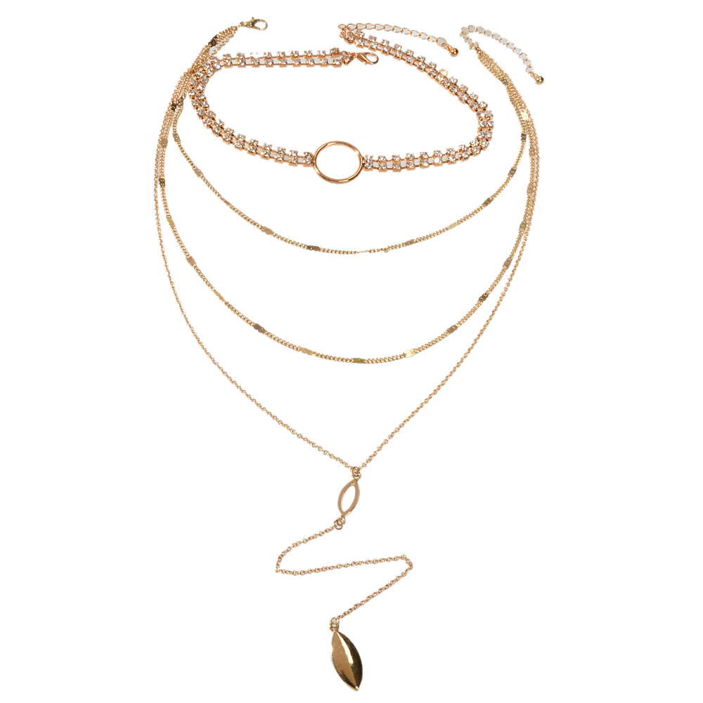 Ladies Jewellery Rhinestone Multi-layer Gold Chain Y Shape Pendant Necklace Gift