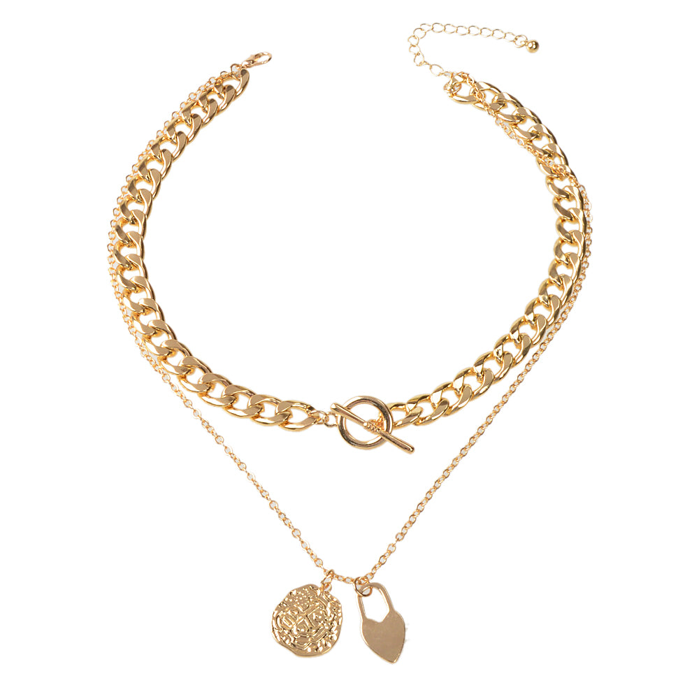 Punk Jewellery Crude Gold Double layer Chain Round Disc Lock Love Heart Necklace