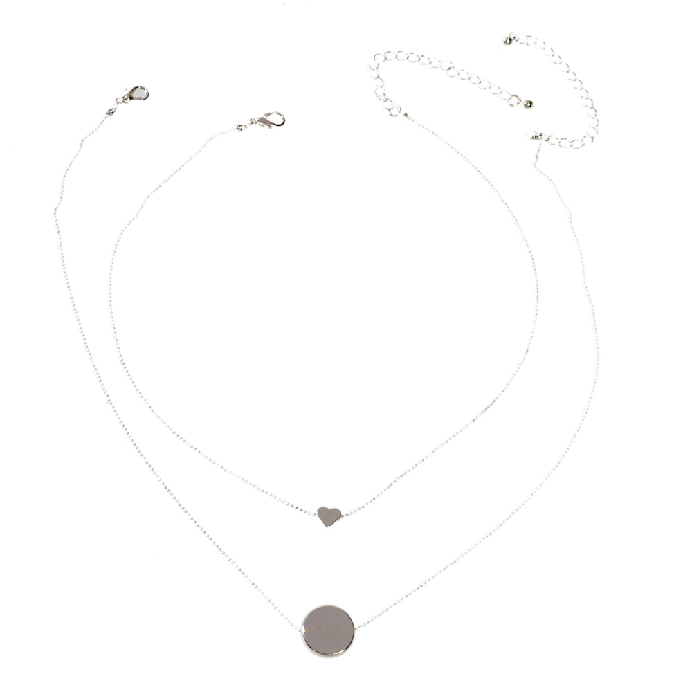 2 pcs Popular Jewellery Silver Chain Love Heart Round Charm Necklace Accessories