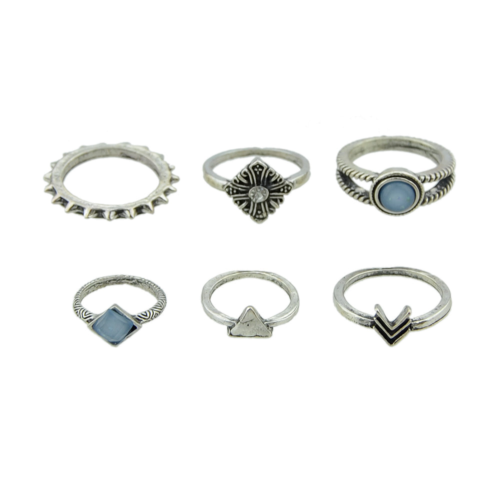 Vintage 6pcs Blue Bead Decor Arrow Flower Multiple Bulk Pack Joint Knot Ring set