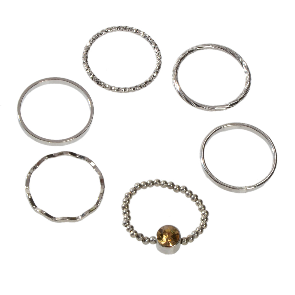 Stackable 6 pcs Rhinestone Decor Silver Finger Ring set Multiple Rings Bulk Pack