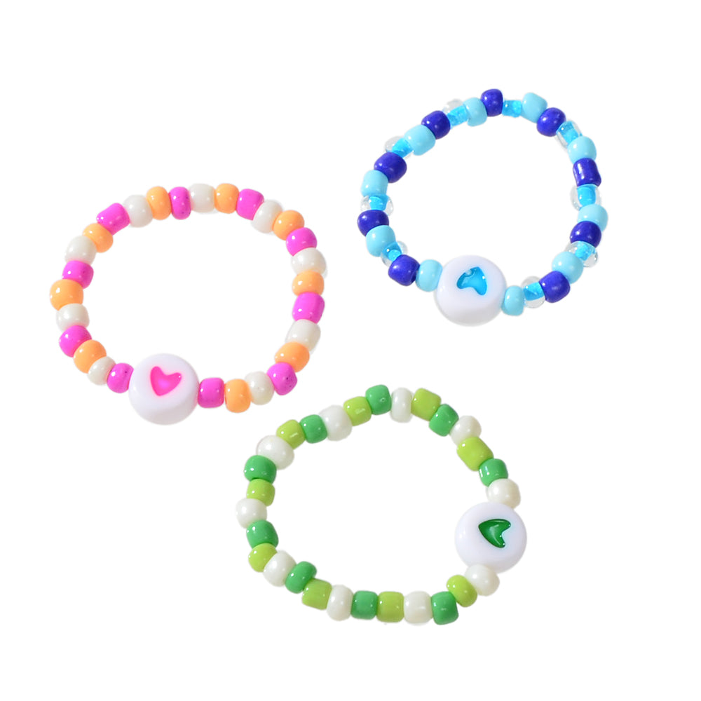 3pcs Colorful Bead Elastic Heart Pattern Multiple Stackable Midi Finger Ring Set