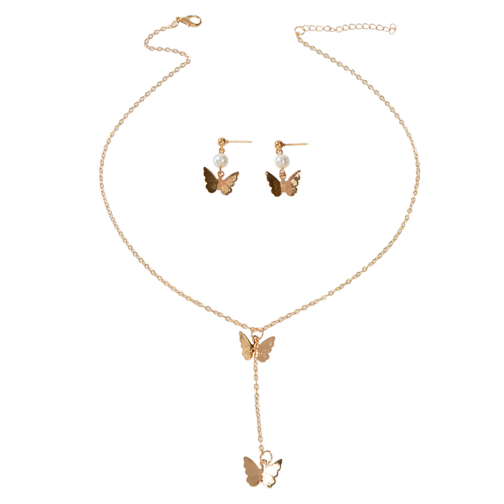 Jewellery set Pearl Decor Gold Butterfly Pendant Necklace Dainty Drop Earrings
