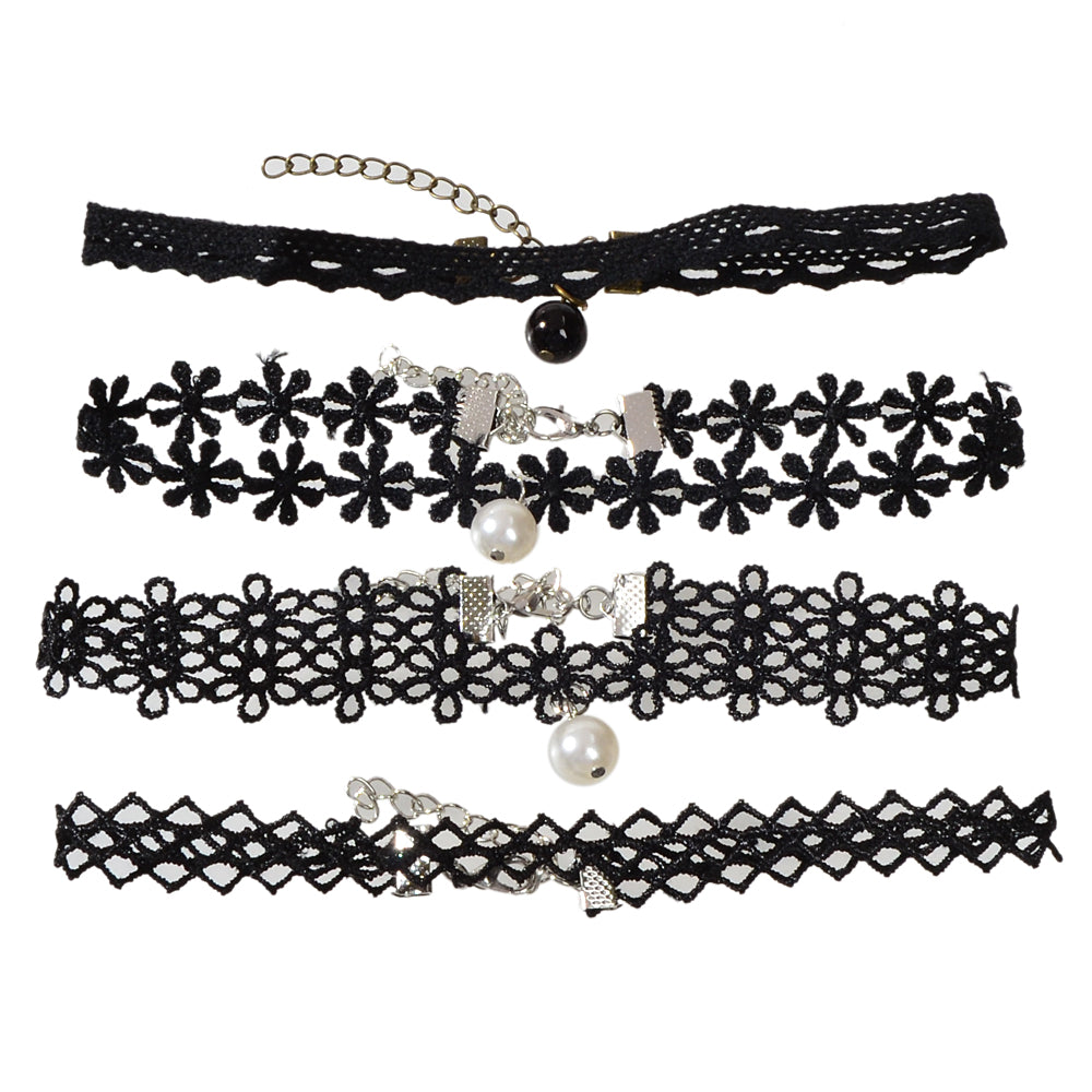 Black Elastic 4pcs Lace Flower Boho Gothic 90s Tattoo Choker Triangle Collar