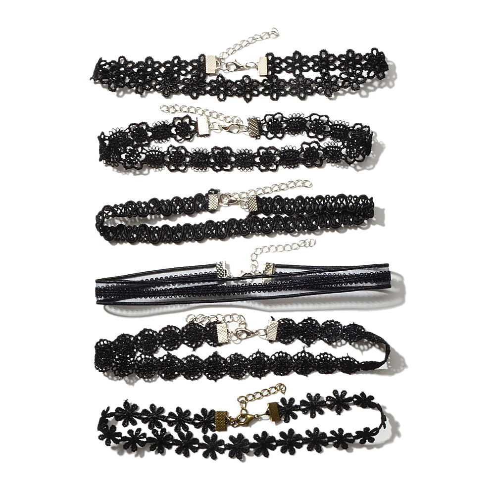 6 pcs 90s Black Lace Flower Retro Tattoo Choker Set Necklaces Punk Gothic Collar